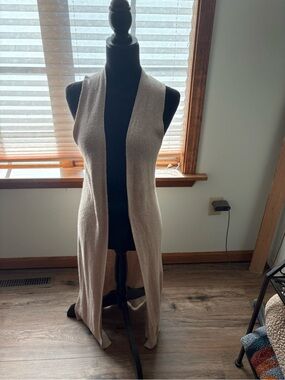 Long Open Front Knit Vest - Beige